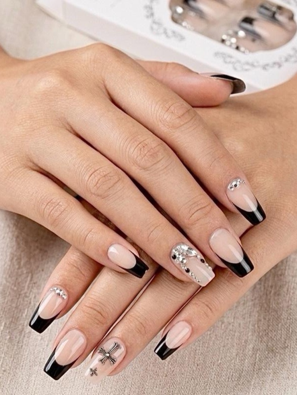 Black French Tip Nail Set with Rhinestone Accent - Women Makeup